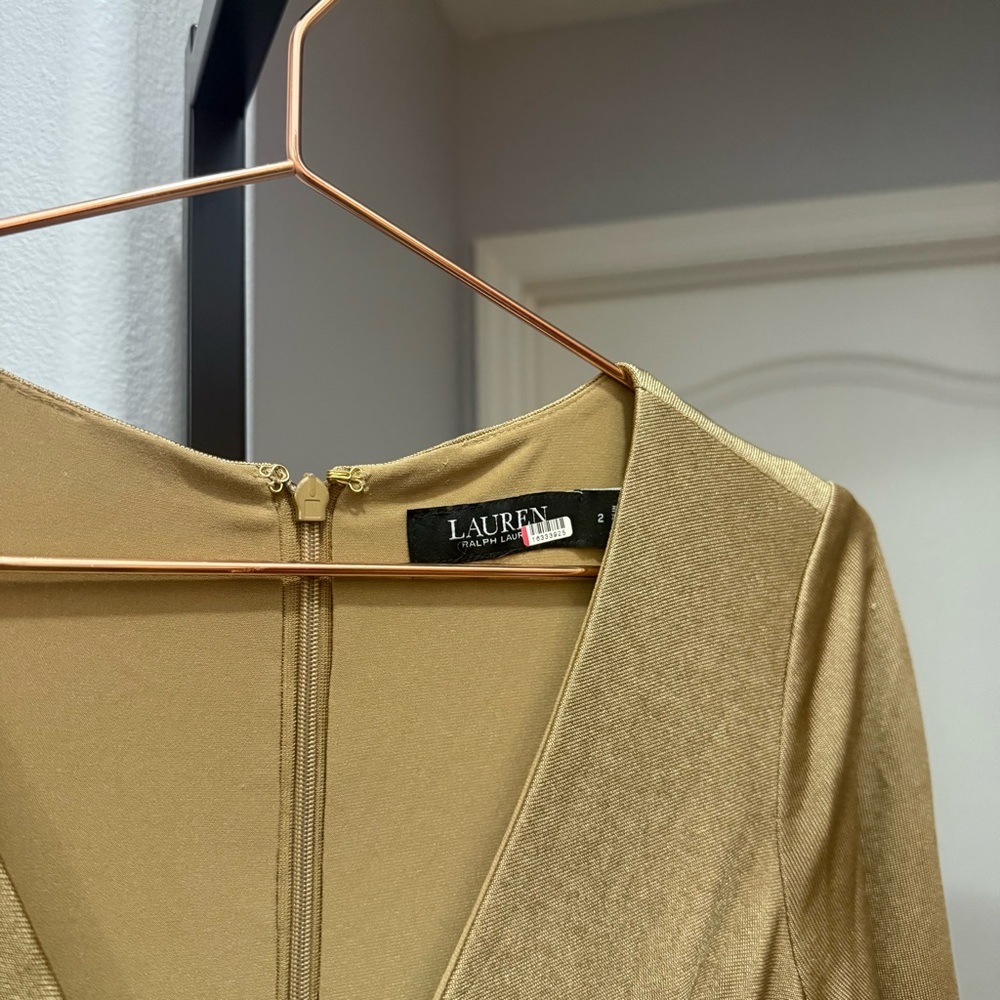 Lauren Ralph Lauren Size 2 Twist Front Jersey Maxi Shift Dress Gold Long Sleeves - Picture 6 of 11